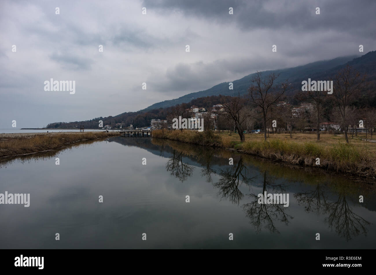 Pinios river near Stomio beach in cloudy winter day, Larissa region, Greece Stock Photo