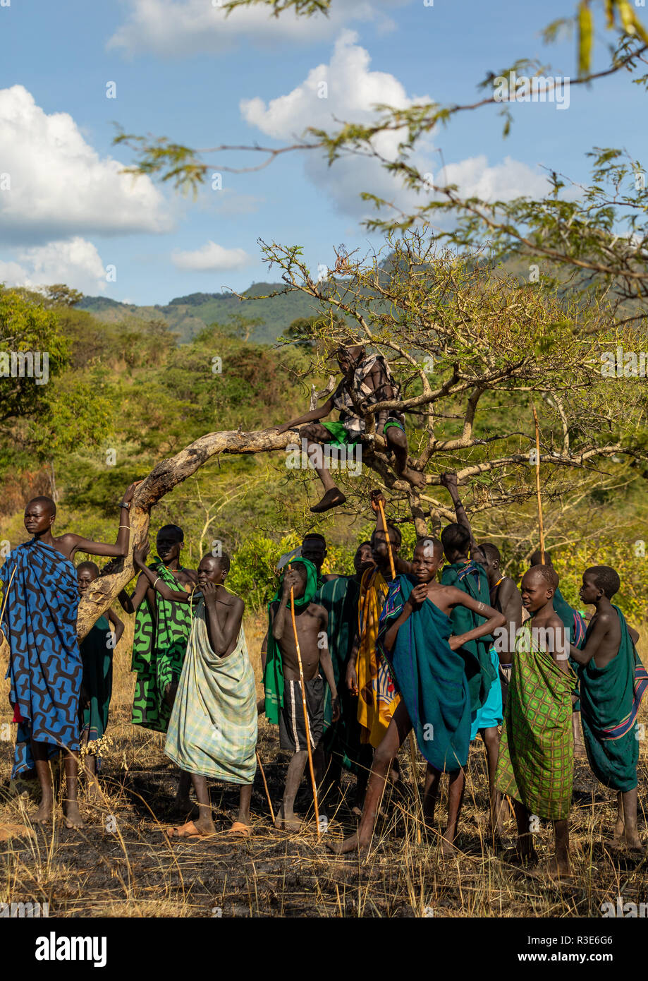 Suri tribe women watching a donga stick fighting ritual, Omo valley, Kibish, Ethiopia Stock Photo