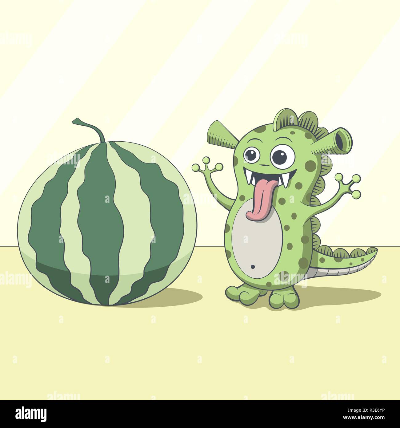 Dragon looking at watermelon. Cartoon green alien Stock Vector