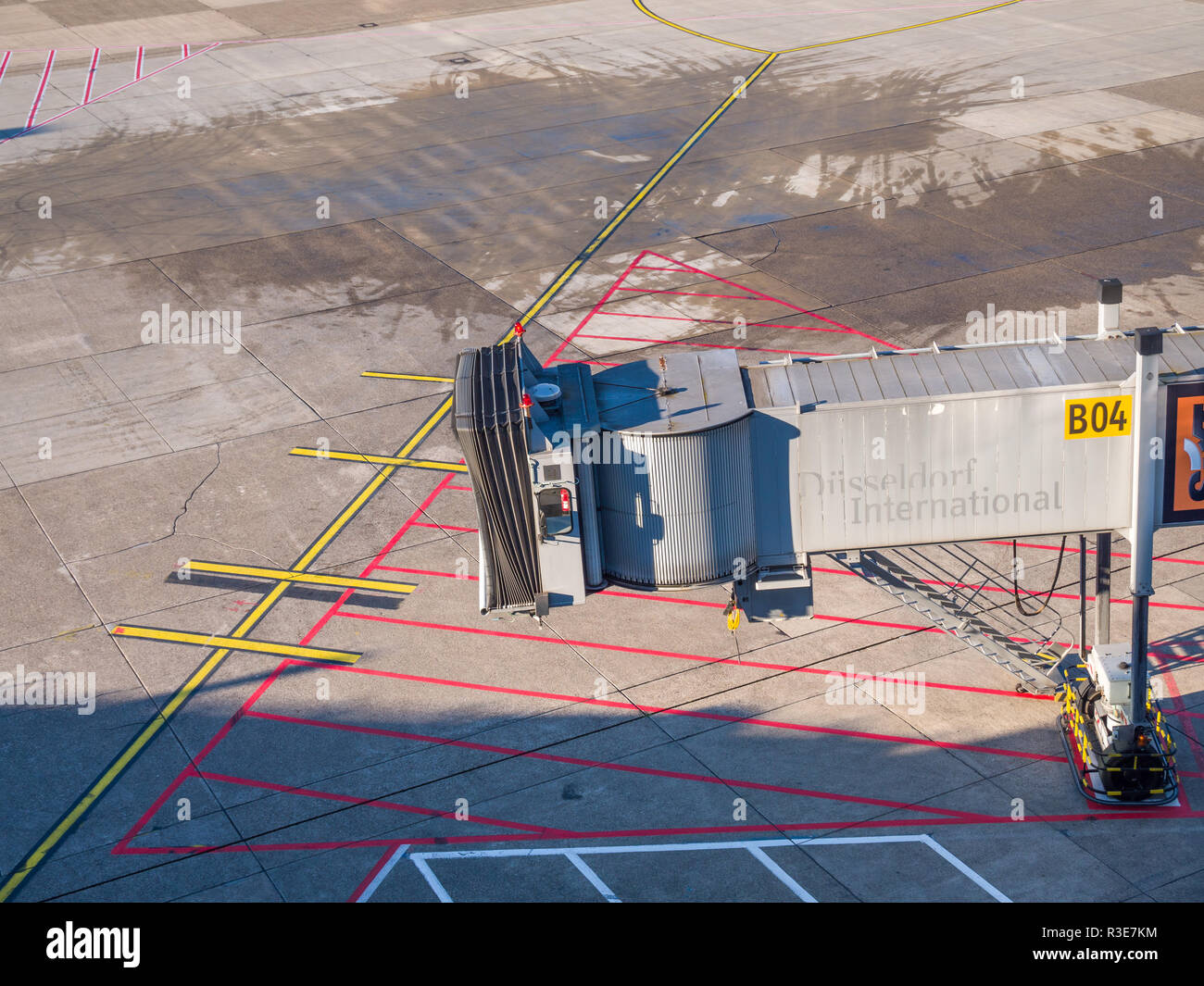 Jet bridge. Airfield at Düsseldorf International airport. Stock Photo