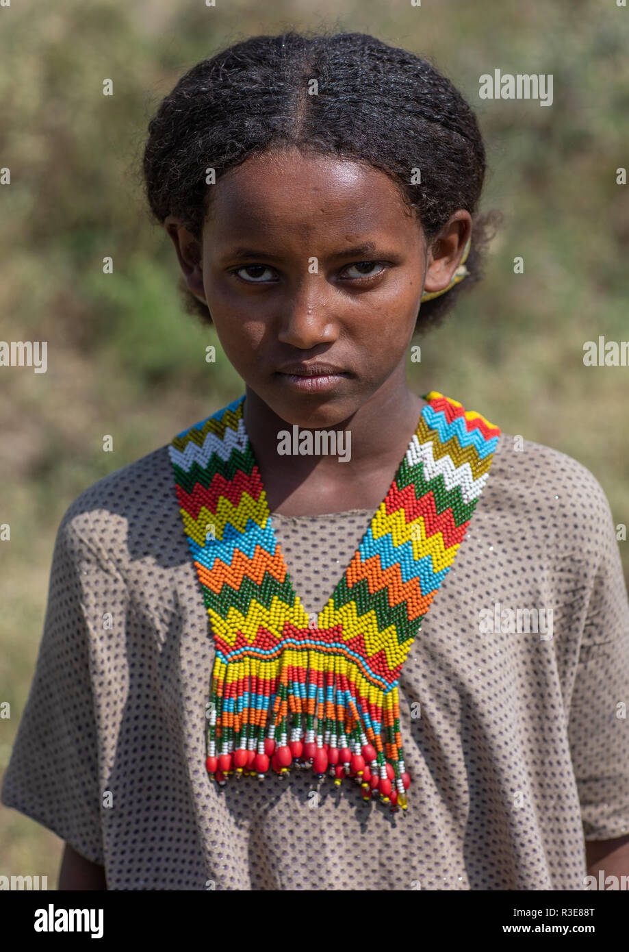 Oromo girl with a beaded necklace, Oromia, Mileso, Ethiopia Stock Photo
