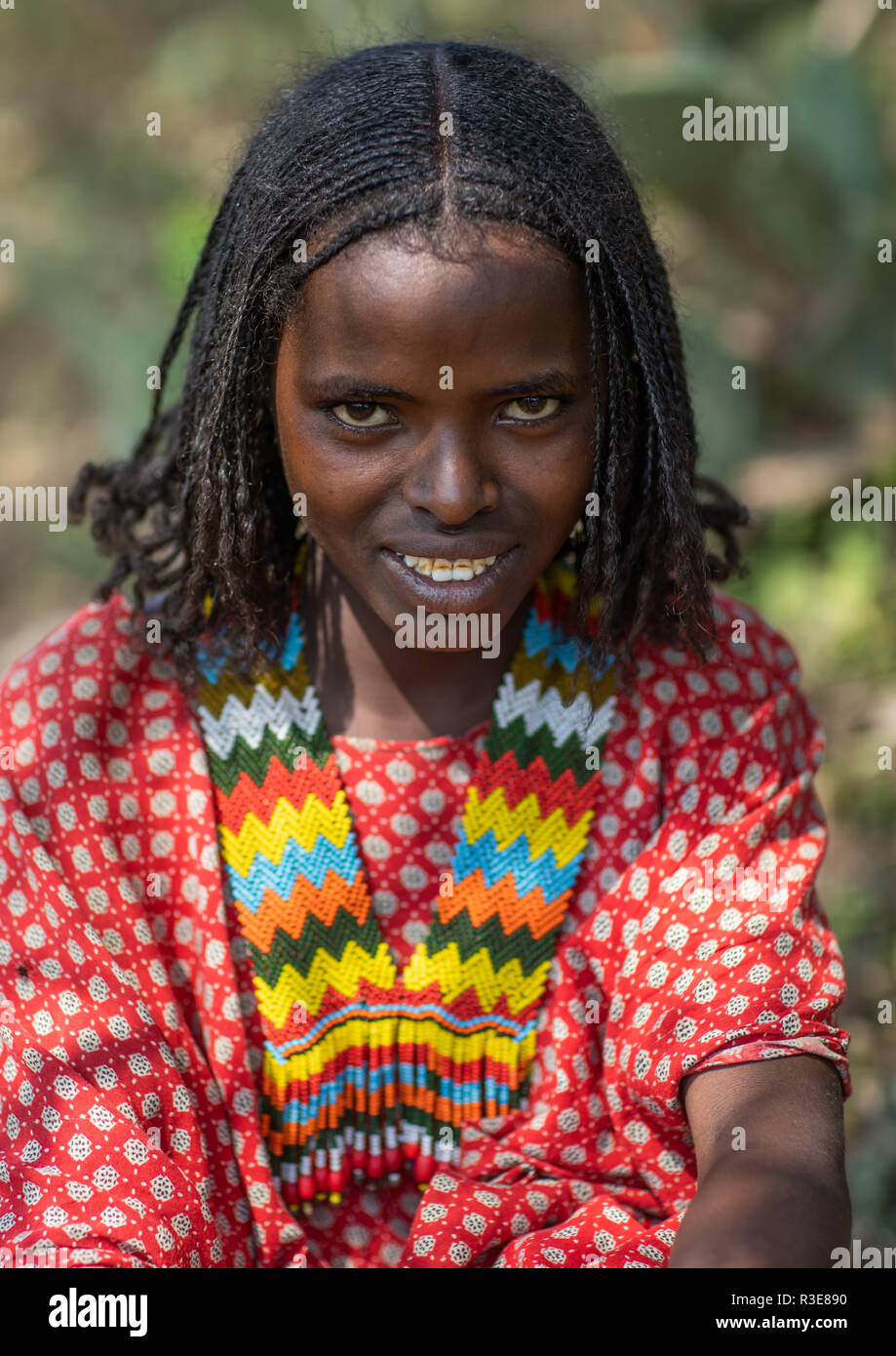 Oromo girl with a beaded necklace, Oromia, Mileso, Ethiopia Stock Photo
