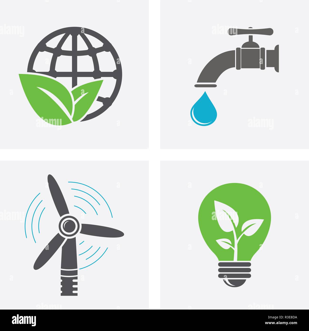 World and leaf, windmill, faucet with water drop and eco light bulb icons Stock Vector