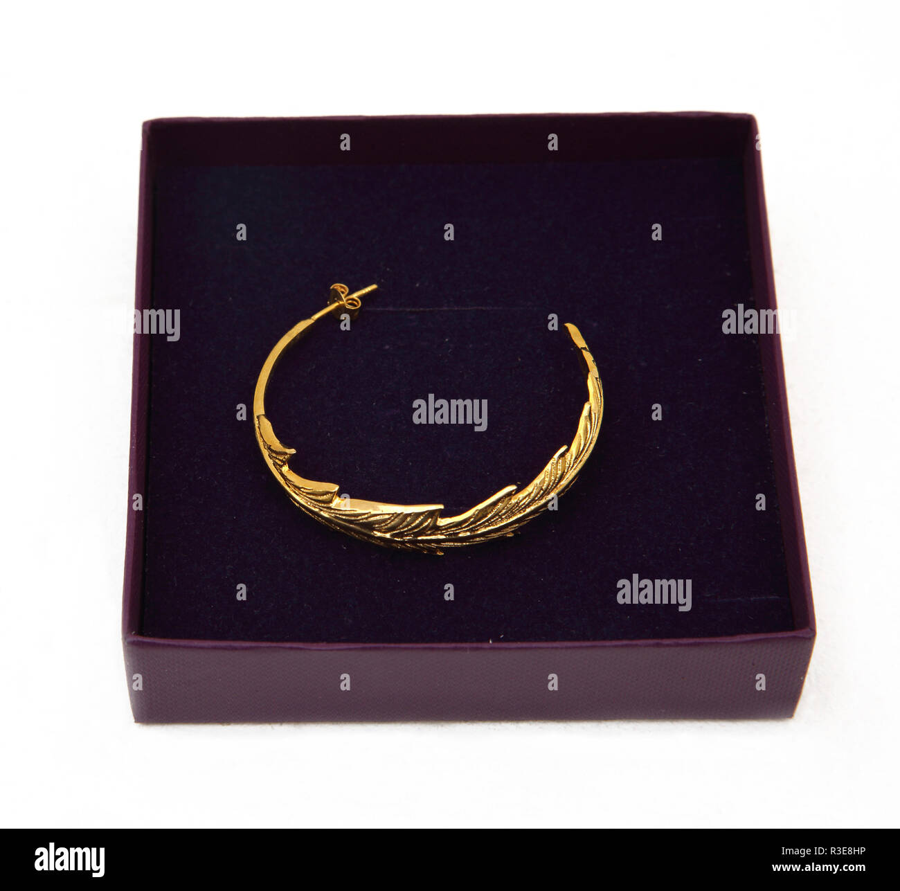 Half Gold Hoop Stud Earring with Leaf Design Stock Photo