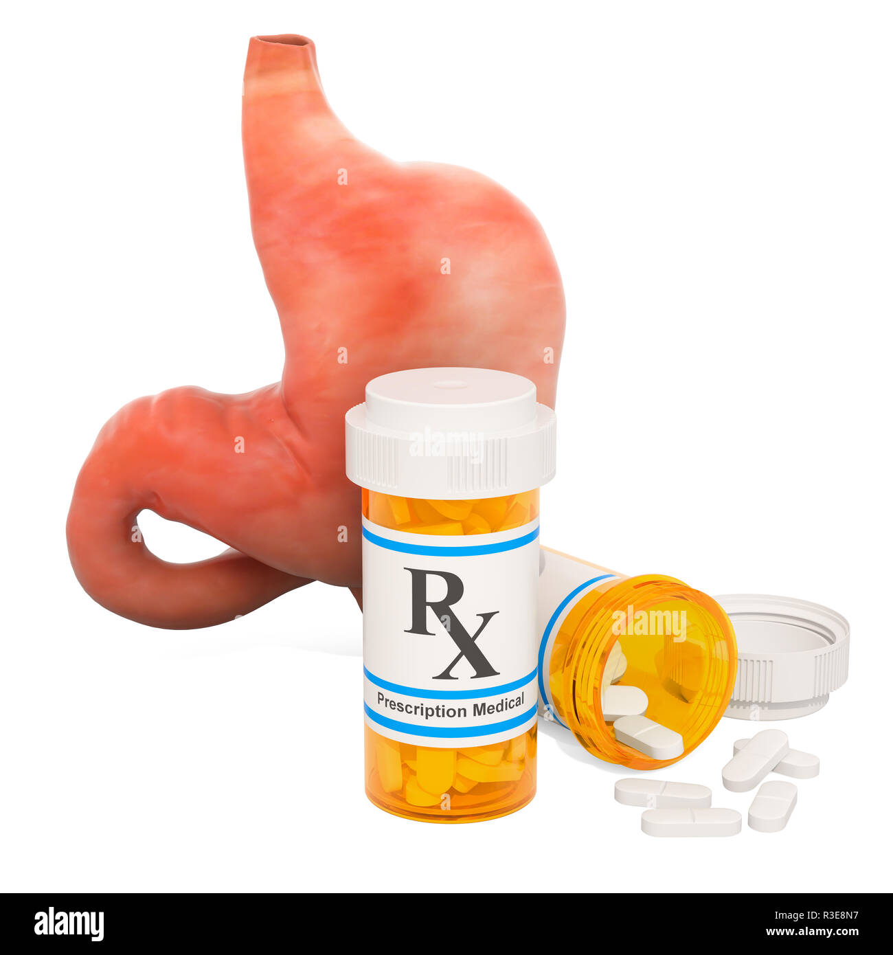 Stomach and drugs concept. Human stomach with medical bottles and pills