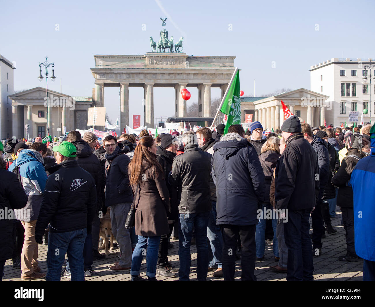 BERLIN, GERMANY - FEBRUARY 14, 2017: Demonstrators At Labor Union GEW Demonstration At Brandenburg Gate, Berlin Stock Photo