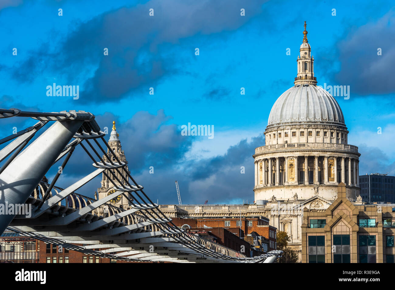 Scenic view of St Paul's cathedral with Millennium Bridge in foreground, London, UK Stock Photo