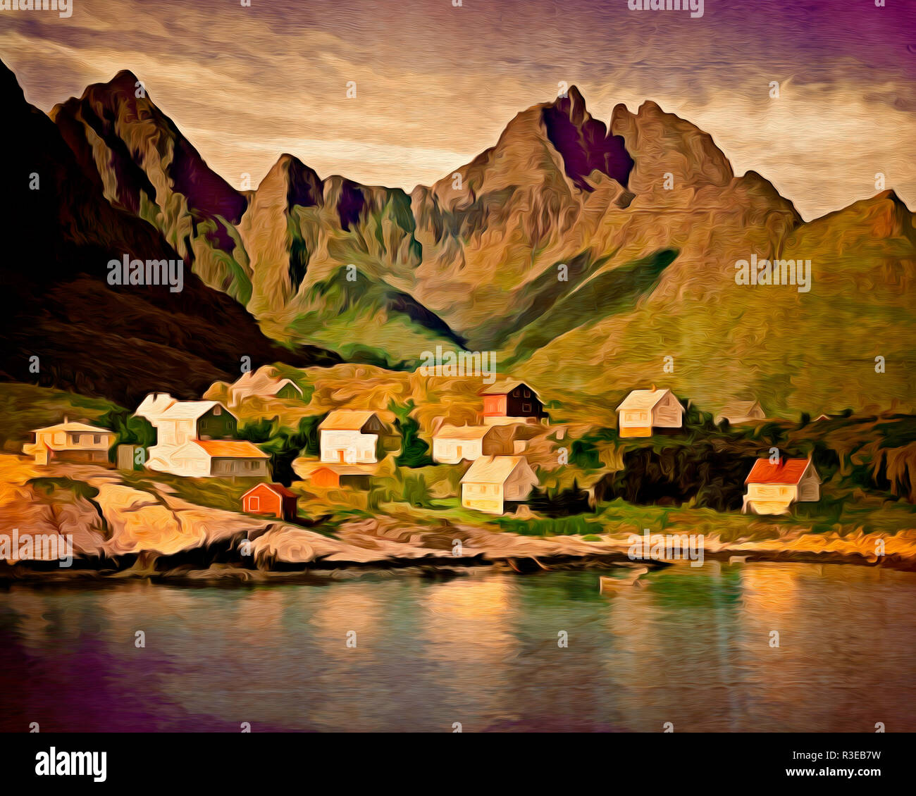 DIGITAL ART: Å and Gjerdtindan Mountains, Lofoten Islands, Norway Stock Photo