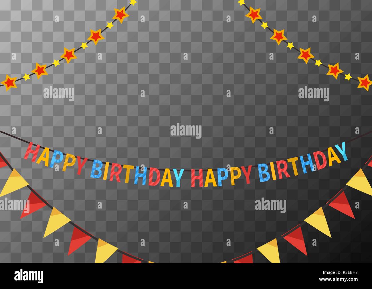 Happy birthday garlands with flags and stars, congratulations template on transparent background