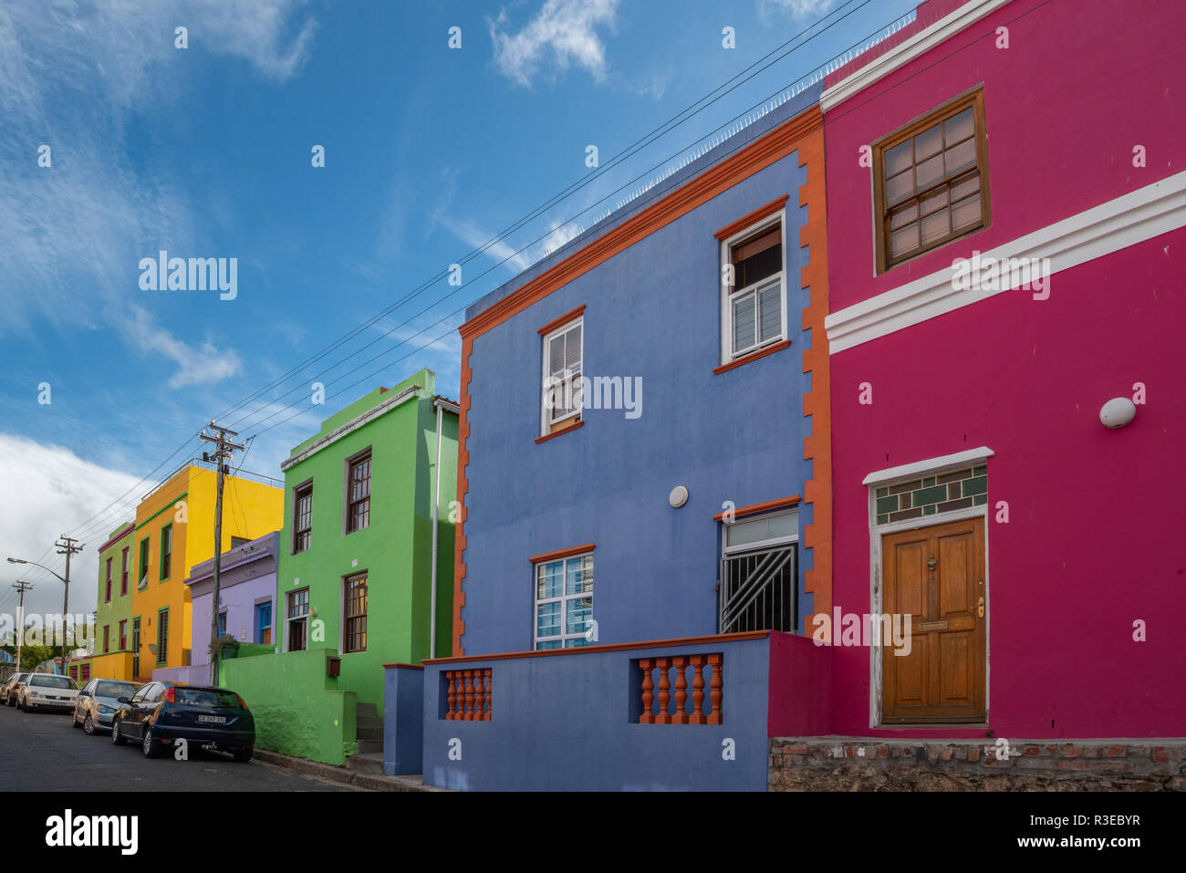 Colourful houses make outside museums of these beautiful streets in Cape Town's Bo-Kaap district, South Africa Stock Photo