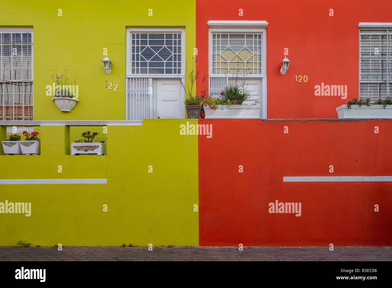 Detail of the frontages of colourful houses make Bo-Kaap's streets beautiful. Cape Town's Bo-Kaap district, South Africa Stock Photo