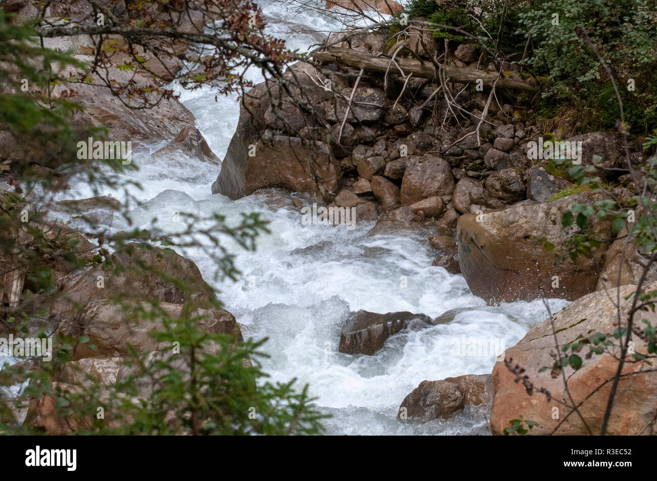 rapid flowing water as seen from the Wilde Wasser Weg (Wild water way) trail, Stubaital, Tyrol, Austria Stock Photo