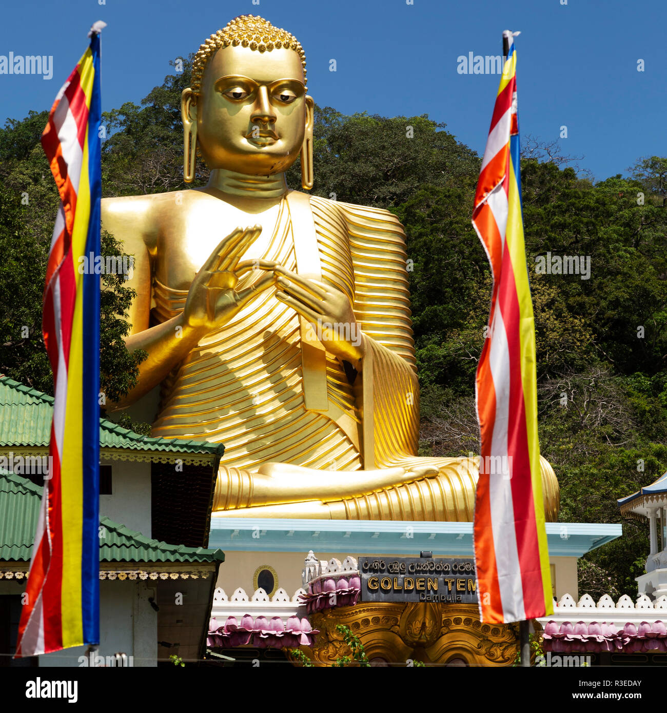Buddha statue at the Golden Temple of  Dambulla in Sri Lanka. The place of pilgrimage is a UNESCO World Heritage Site and the site of cave temples. Stock Photo