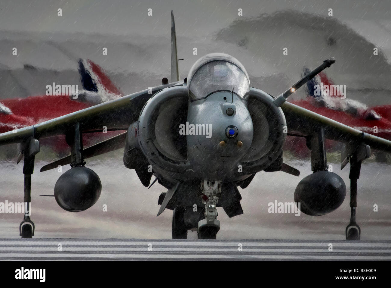 RAF Harrier, informally referred to as the Harrier Jump Jet, is a family of jet-powered attack aircraft capable of vertical/short takeoff and landing  Stock Photo
