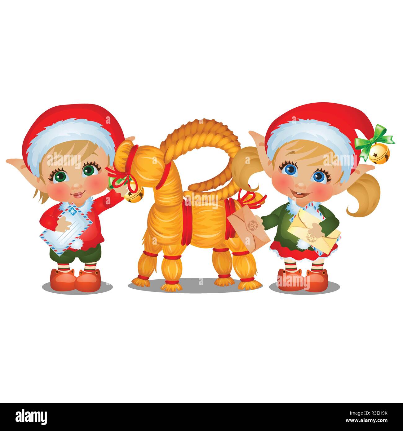 Set of girl and boy Santas helpers with straw sheep isolated on white background. The attributes of Christmas and New year. Vector cartoon close-up illustration. Stock Vector
