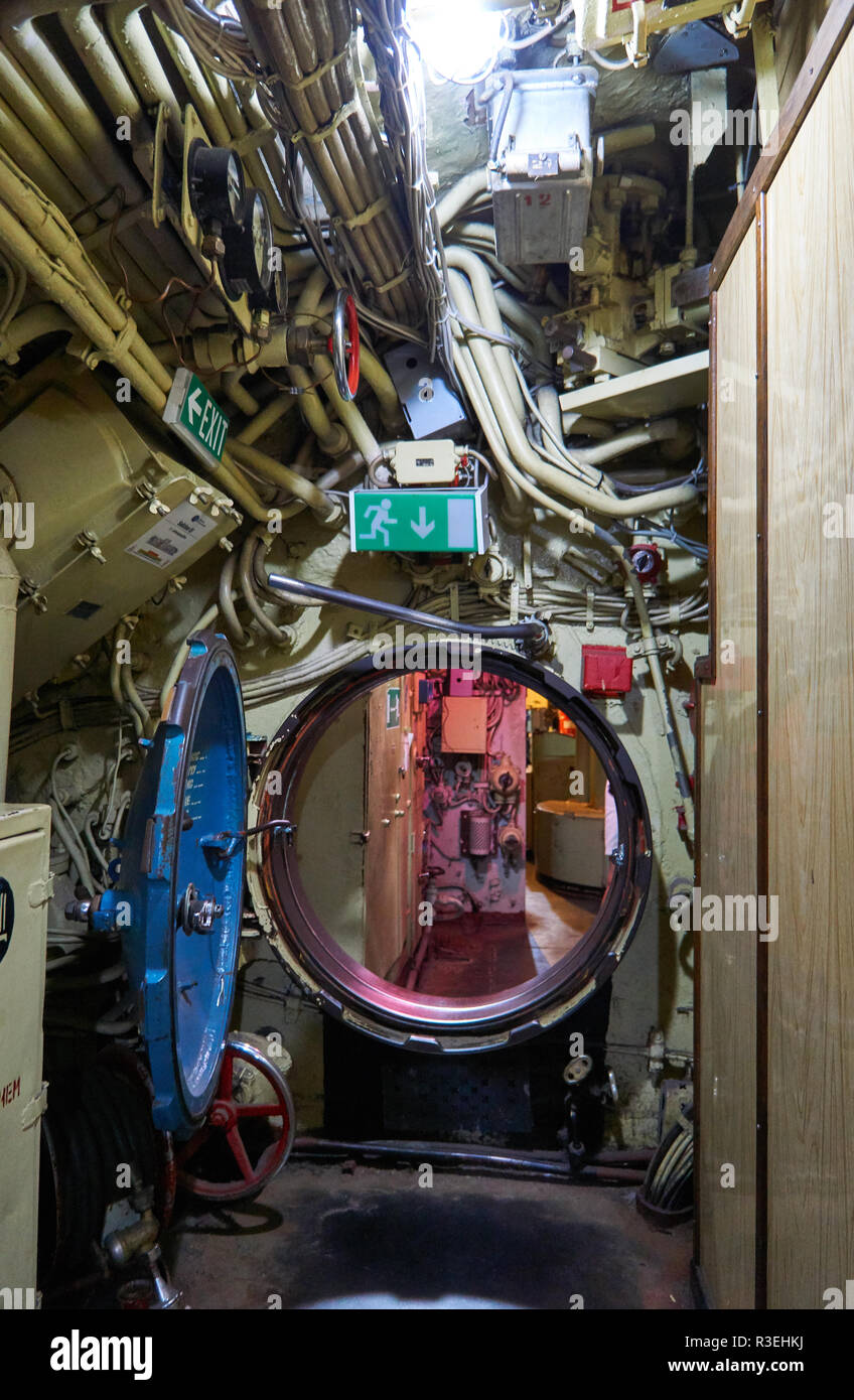 Open round bulkhead door in submarine Stock Photo Alamy
