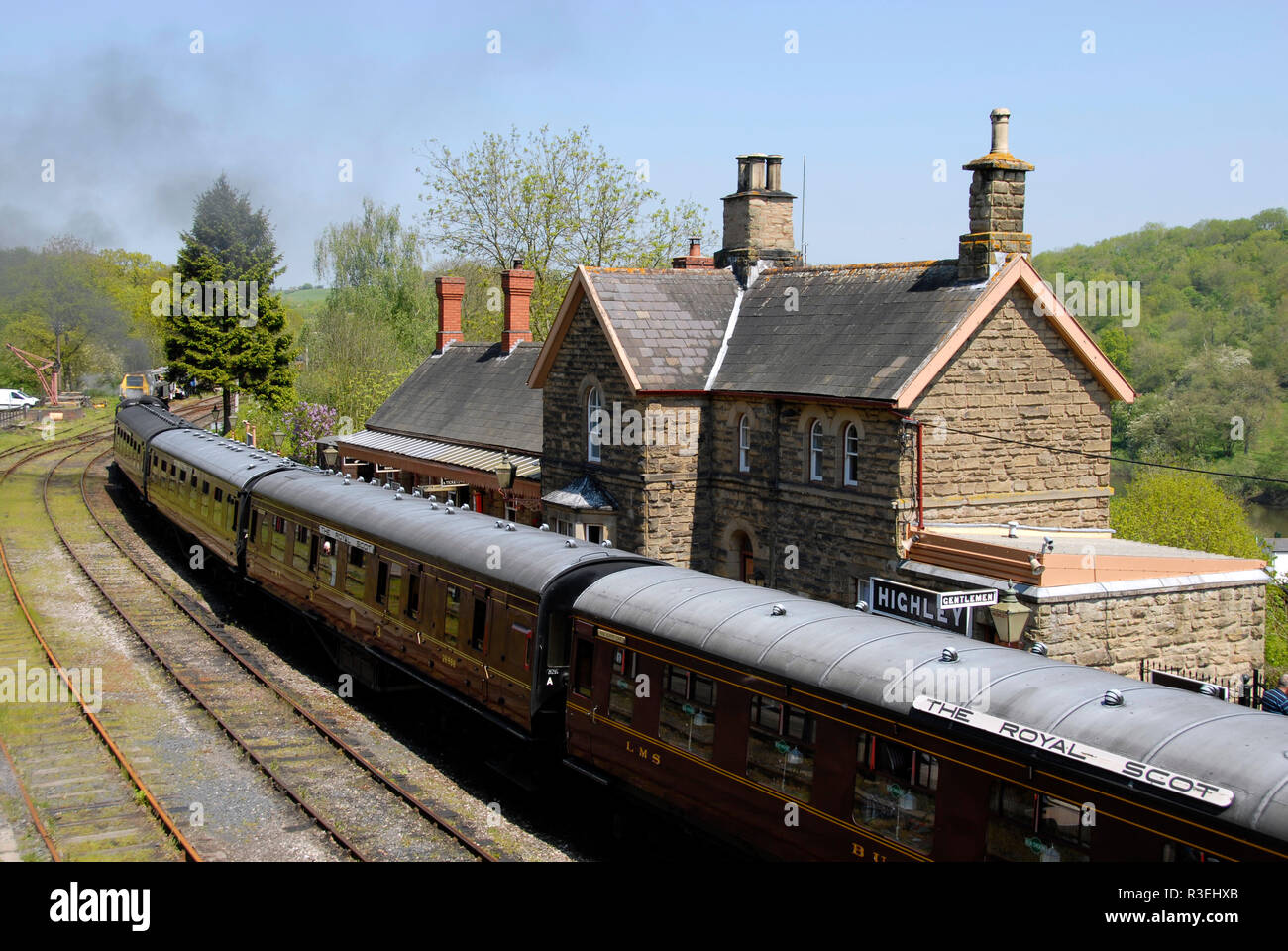 The Royal Scot train at Highley railway station, Shropshire, England. Stock Photo