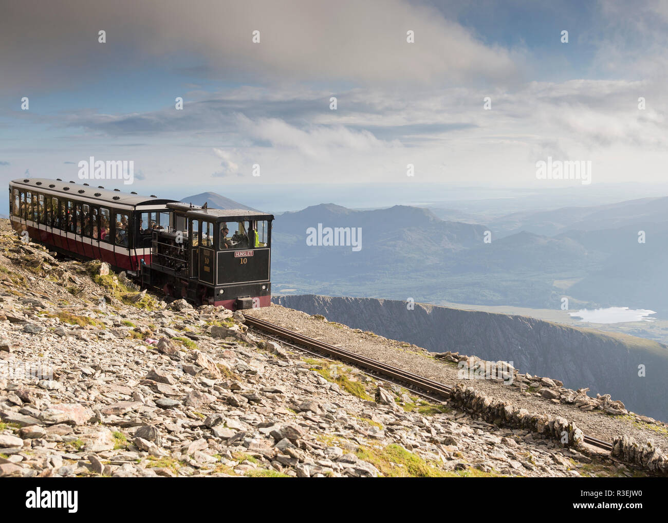 Snowdon Mountain Railway train, summit of Snowdon, Snowdonia National