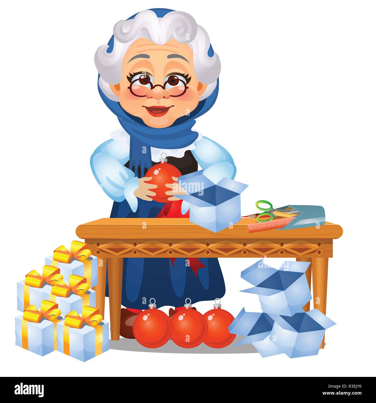 Funny animated old lady touches on Christmas decorations and gifts isolated  on white background. Sketch of Christmas festive poster, party invitation,  other holiday card. Vector cartoon close-up Stock Vector Image & Art -