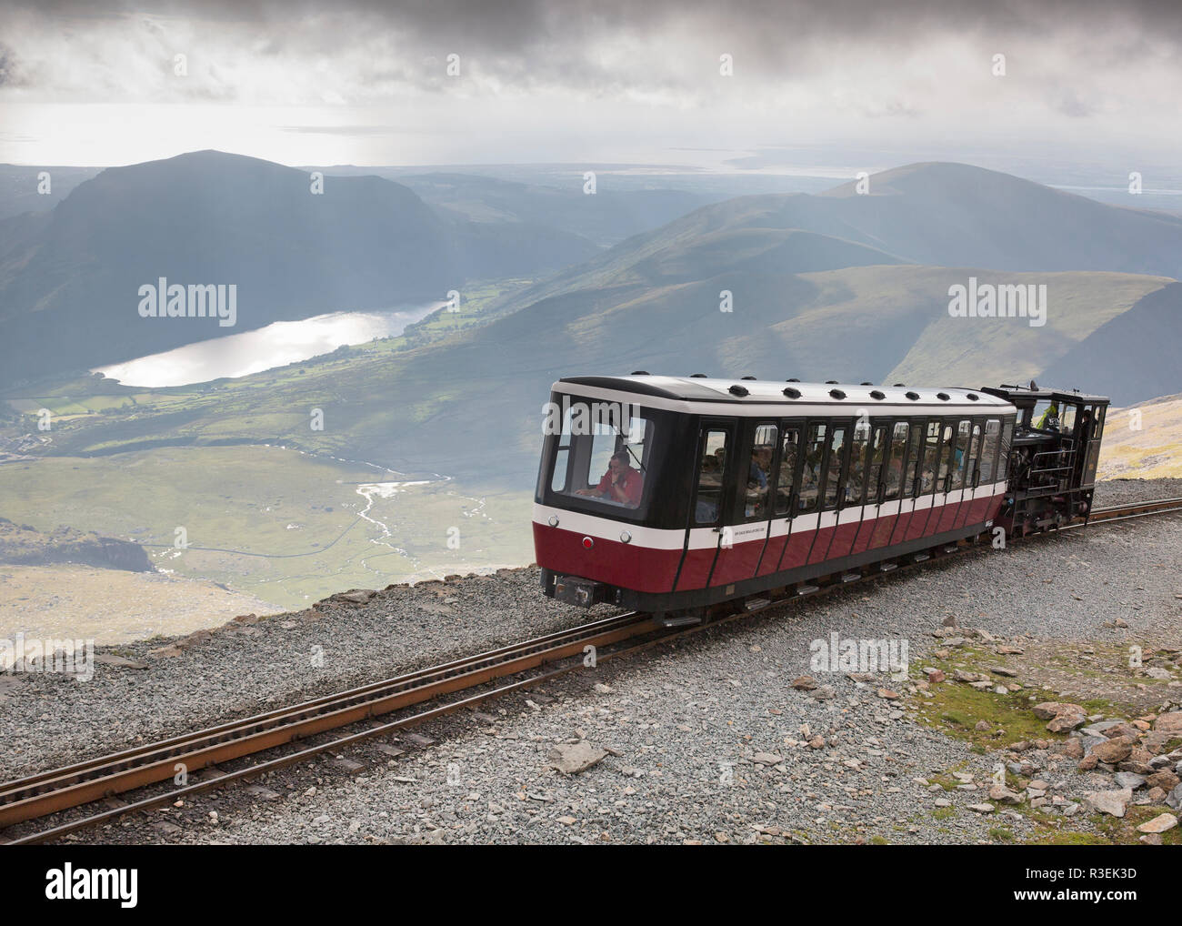 Snowdon Mountain Railway train, summit of Snowdon, Snowdonia National
