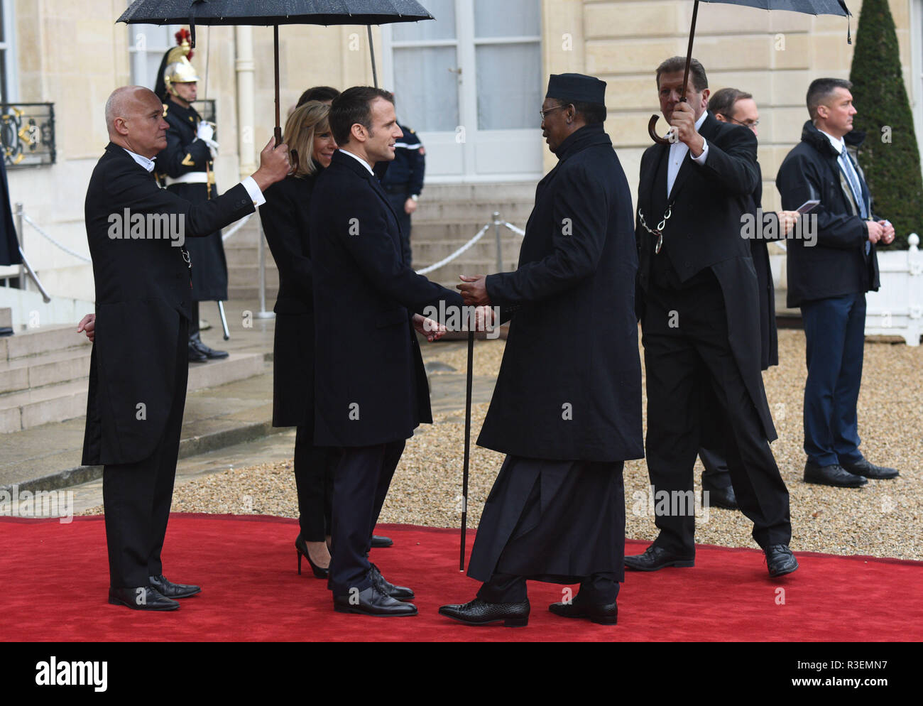 November 11, 2018 - Paris, France: French President Emmanuel Macron greets Chadian president Idriss Deby at the Elysee palace to join the Armistice Day commemoration. Plus de 60 chefs d'Etat et de gouvernement et dirigeants des grandes institutions internationales ont fait le deplacement a Paris pour assister a la commemoration du centieme anniversaire de l'armistice du 11 novembre 1918. *** FRANCE OUT / NO SALES TO FRENCH MEDIA *** Stock Photo