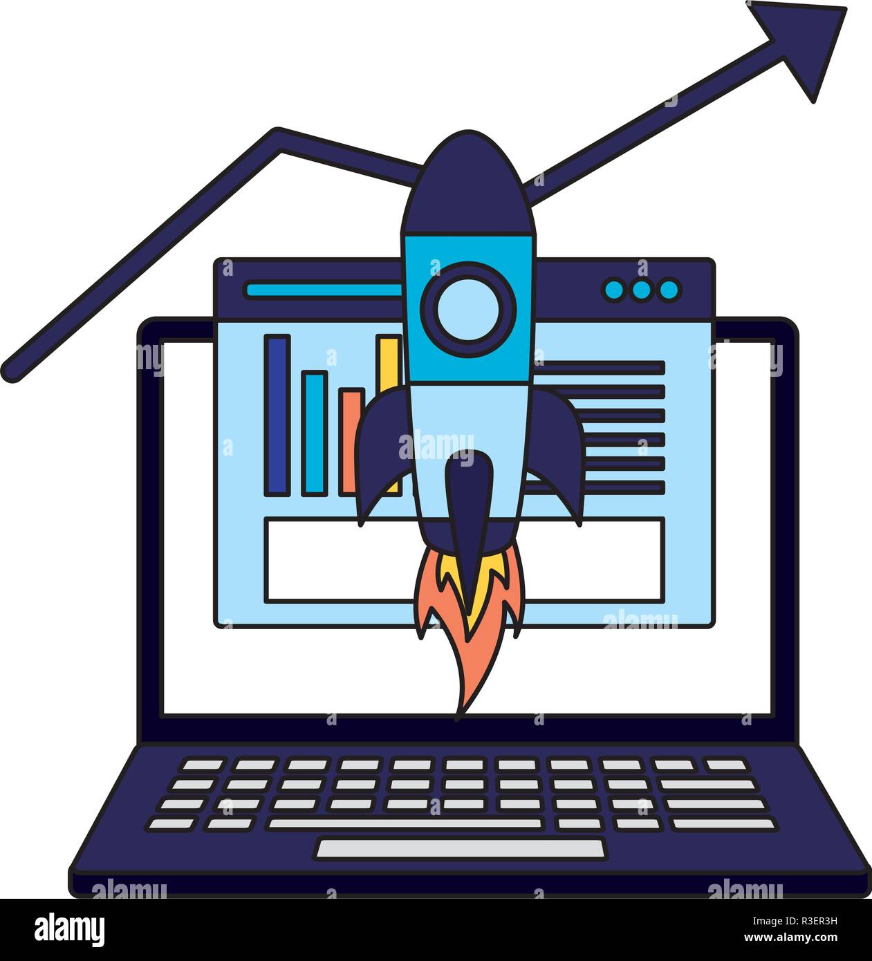 laptop rocket document search engine optimization vector illustration ...