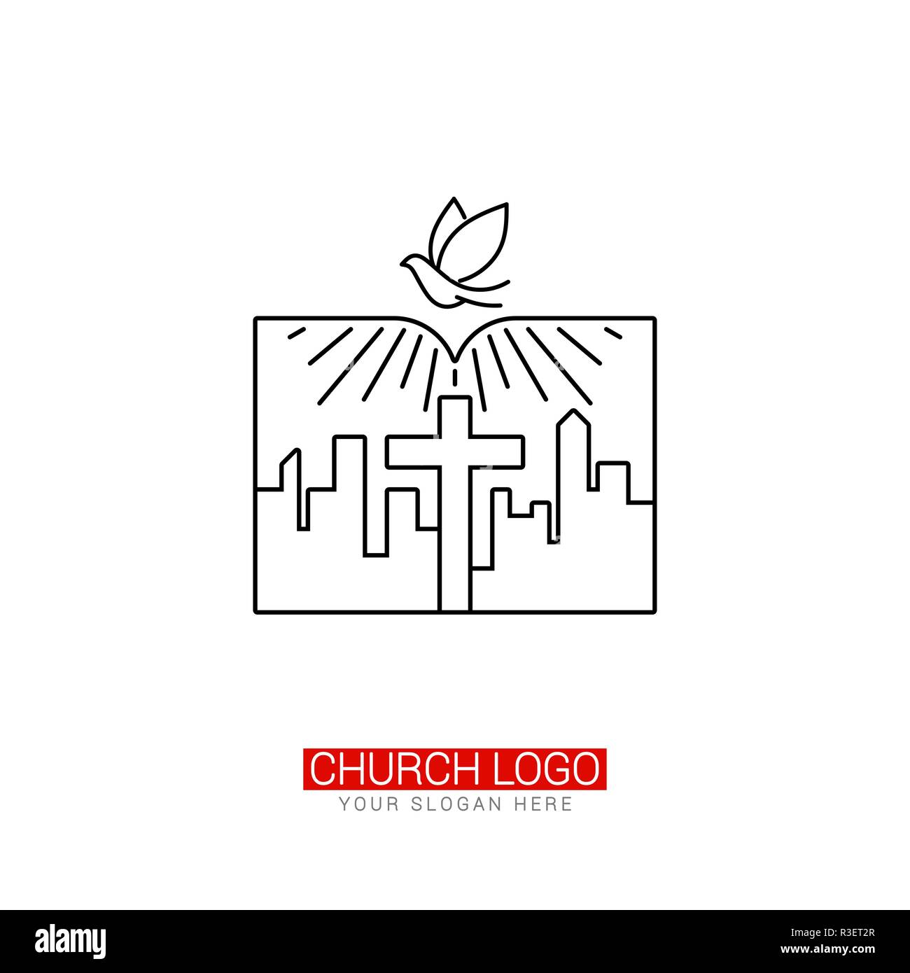 Church logo. Christian symbols. The open Bible, the cross of Jesus and the city. Stock Vector