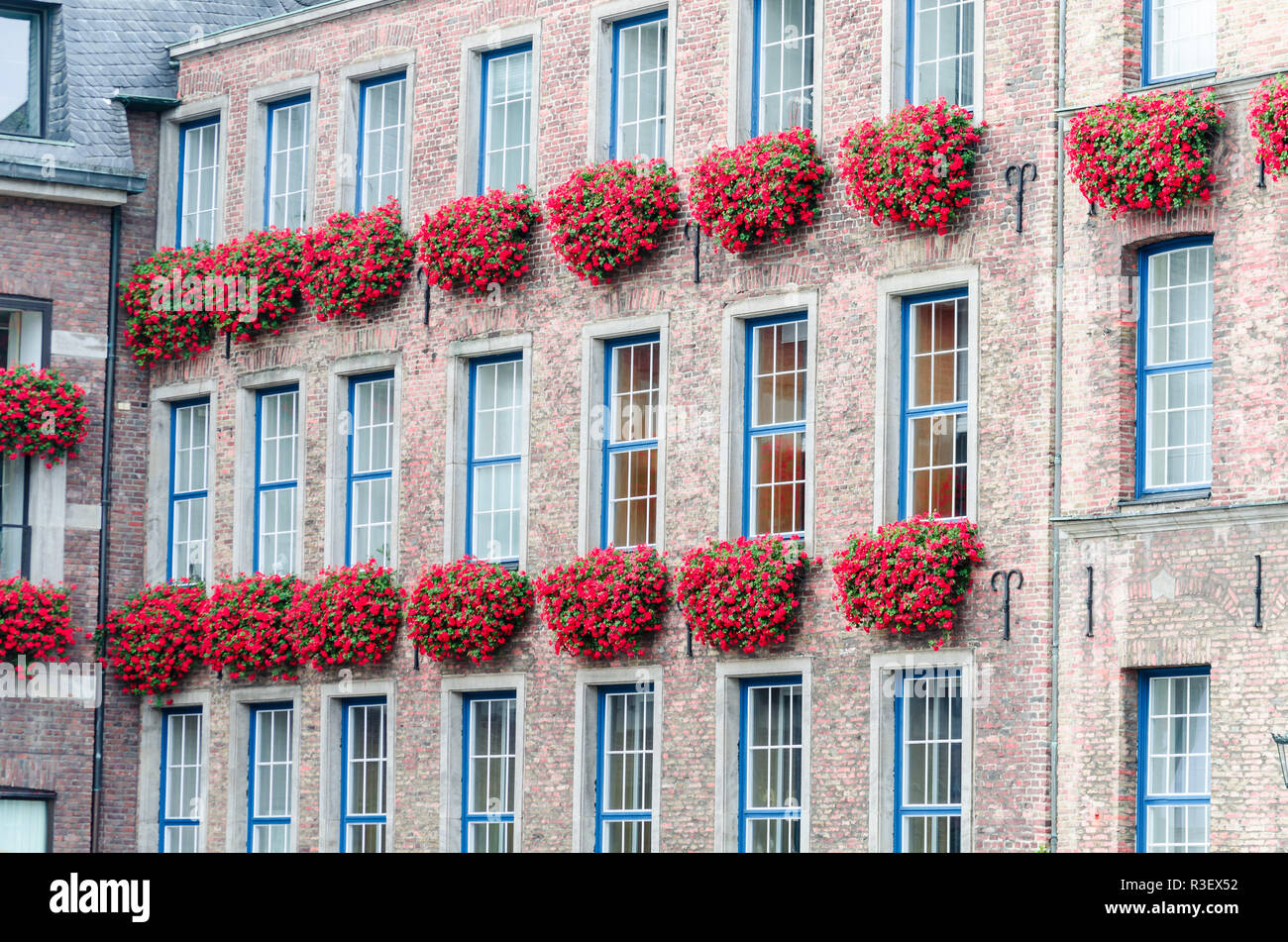 house facade with flower boxes Stock Photo