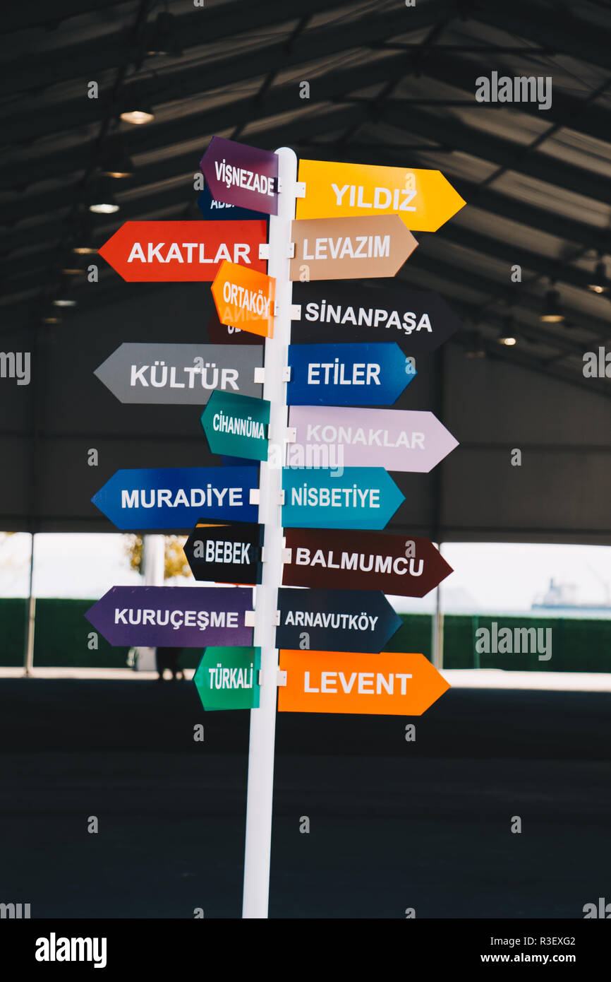 Colorful direction signs in Istanbul city, Turkey, in display Stock ...