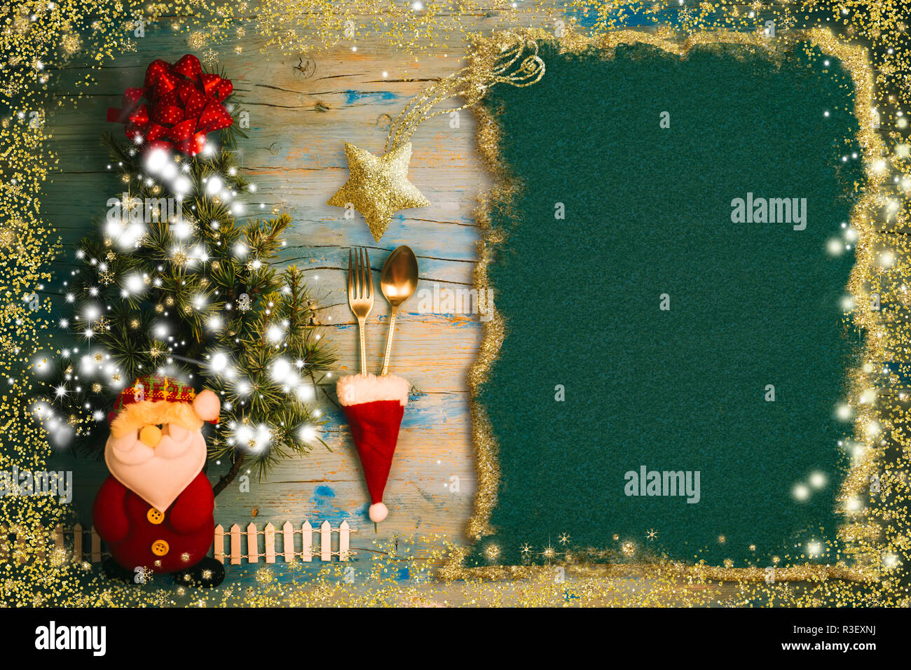 Cute invitation background for Christmas menu. Blank paper for text  ,vintage kitchen utensils, Santa and tree in a magical atsmofera Stock  Photo - Alamy
