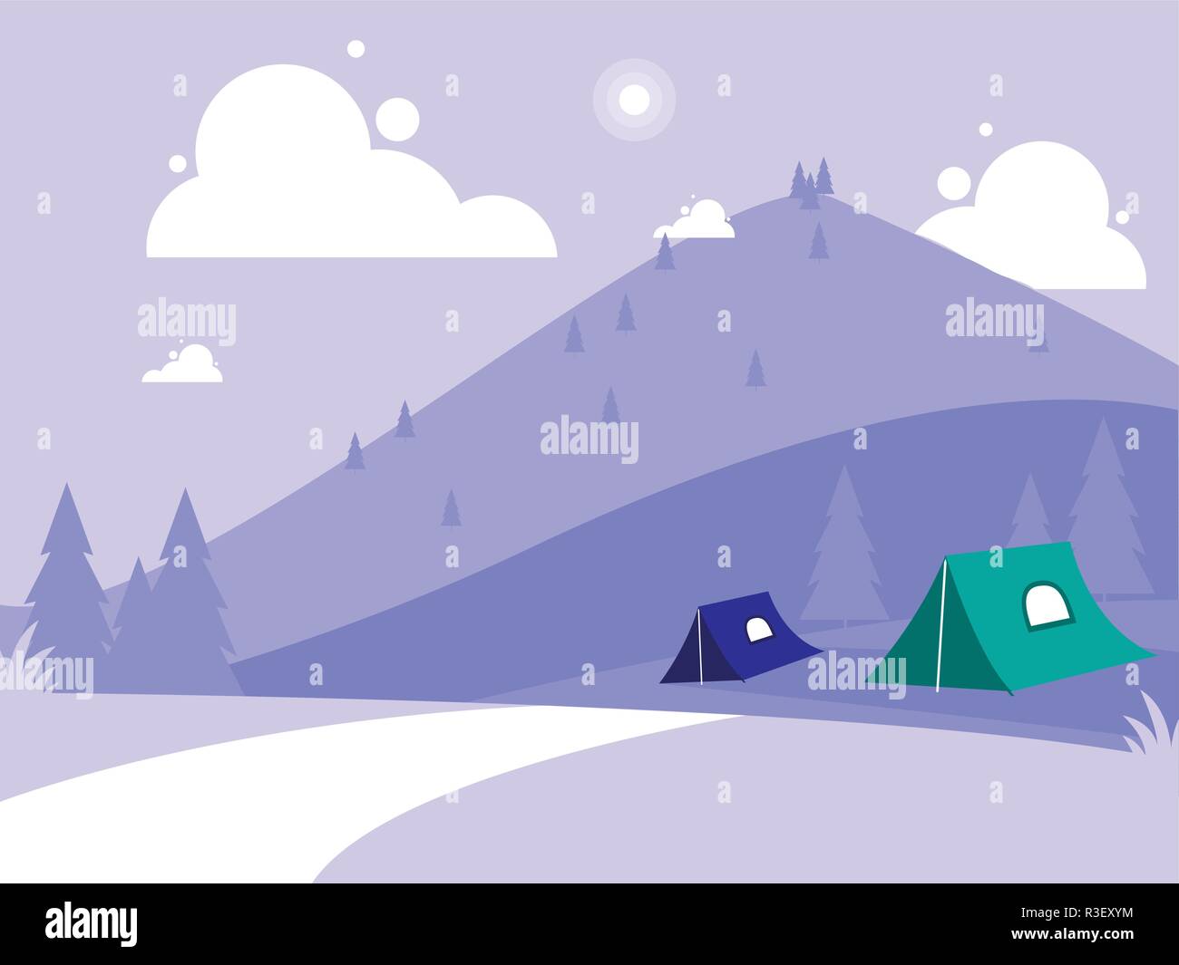 creative landscape with mountains and camping tents vector illustration ...