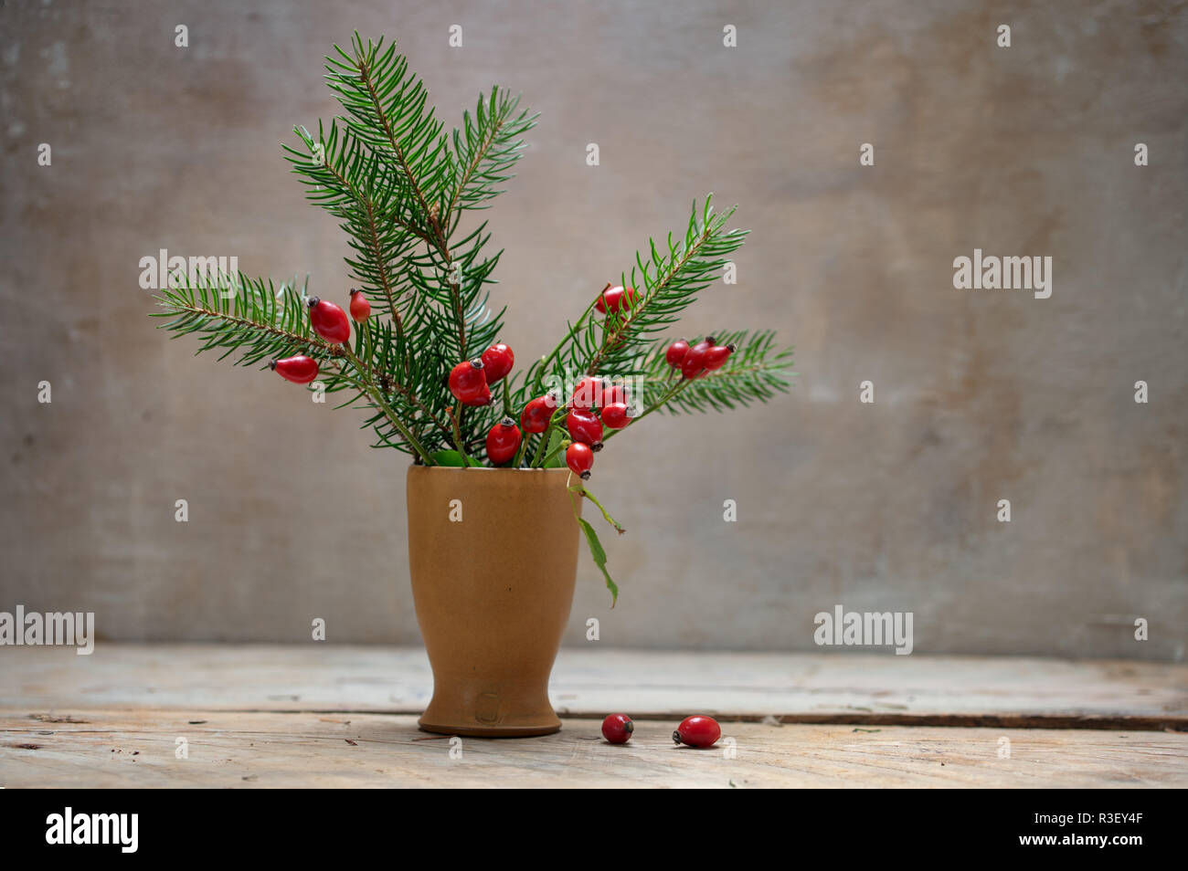 Natural Christmas Decoration With Rose Hips And Fir Branches In A