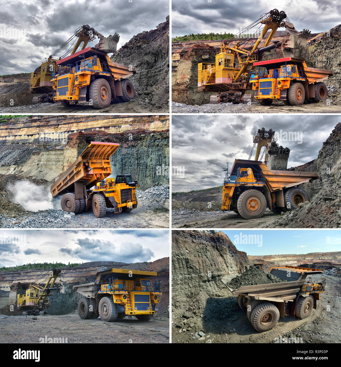 Large quarry dump truck. Loading the rock in the dumper. Loading coal into body work truck. Mining truck mining machinery, to transport coal from open Stock Photo