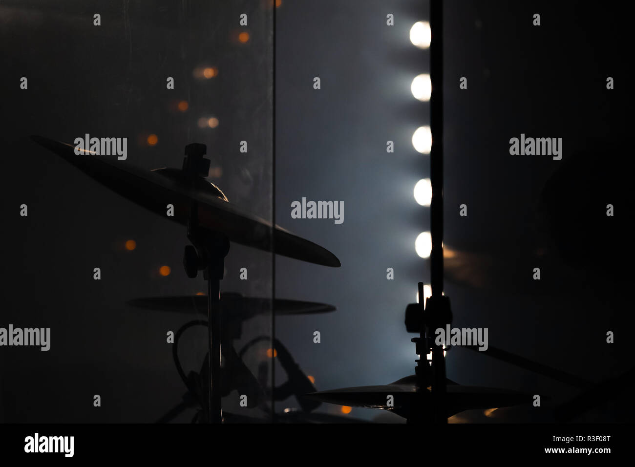 Live rock music, dark photo background, rock drum set  with cymbals. Close-up photo, soft selective focus Stock Photo