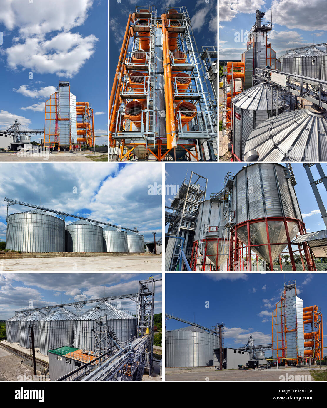 Set image. Agricultural Silo - Building Exterior, Storage and drying of grains, wheat, corn, soy, sunflower Stock Photo