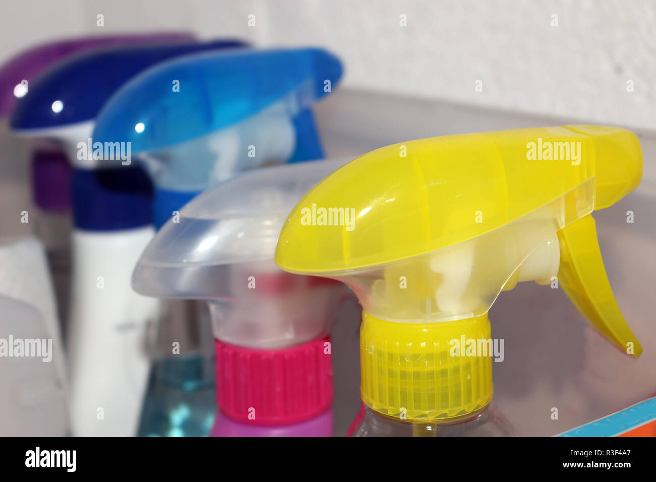 Cleaning products in different spray bottles Stock Photo Alamy