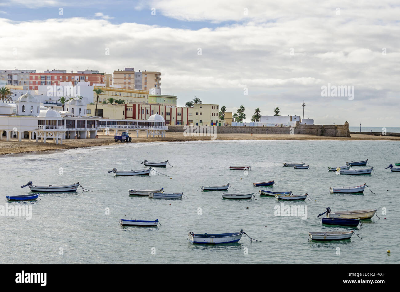 Beach La Caleta in the historical center of the city of Cadiz, a natural harbor with historical and cultural significance, pictured in several films Stock Photo