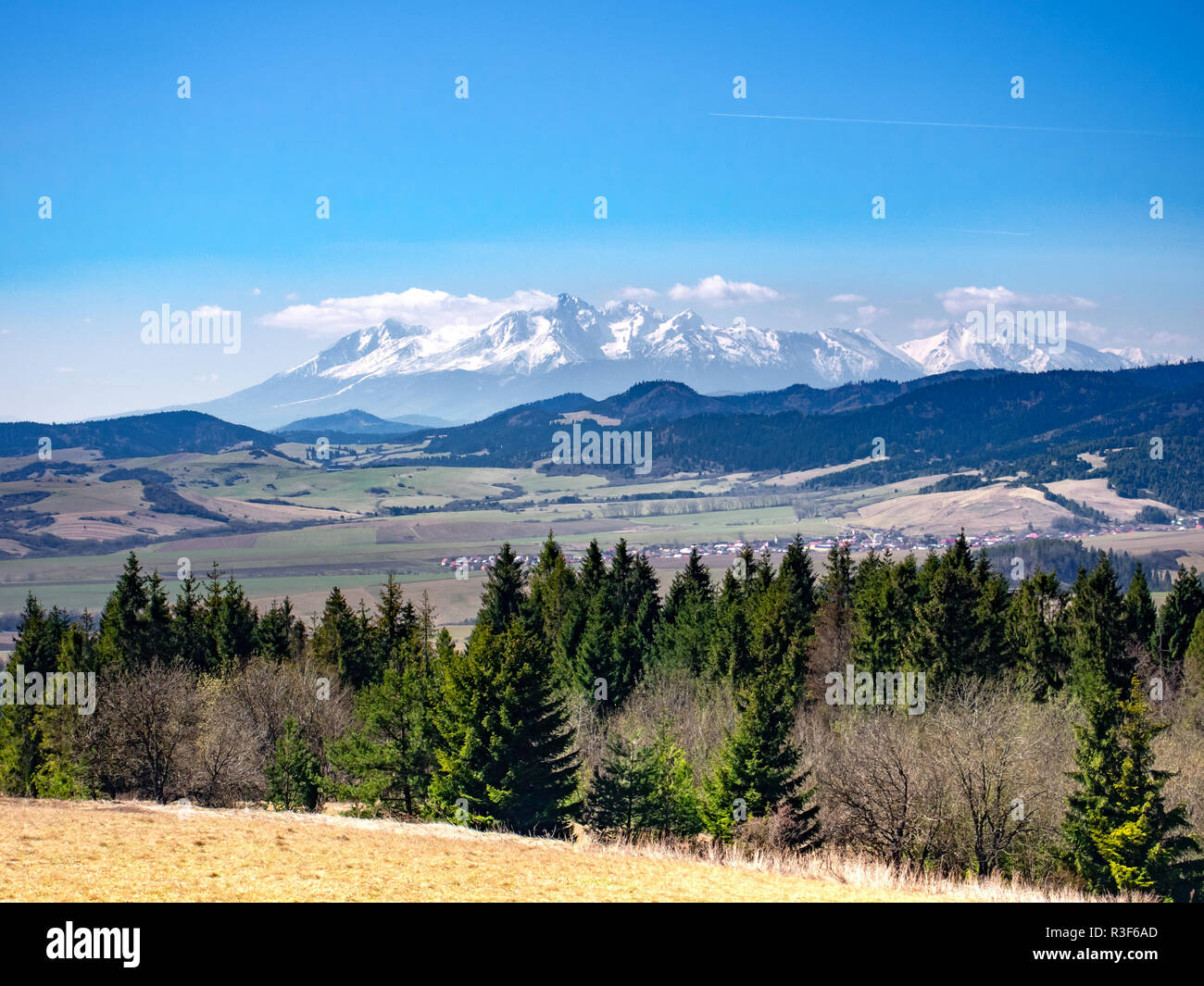 High Tatras Mountains. View from Eastern Beskids, Pass Vabec. Near Stara Lubovna Town, Slovakia. Stock Photo