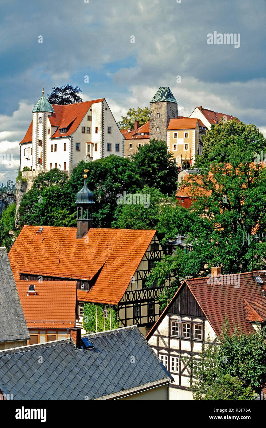 half-timbered houses and burg hohenstein Stock Photo