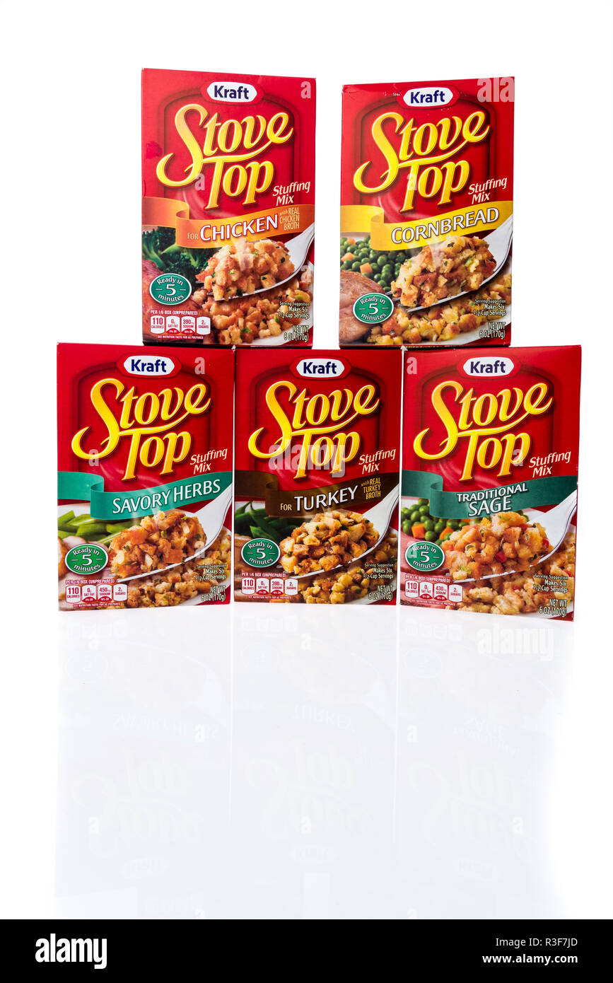 Winneconne, WI - 11 November 2018: Boxes of Kraft Stove Top stuffing in chicken, turkey, savory and traditional and cornbread mix on an isolated backg Stock Photo