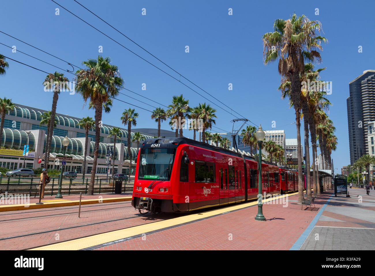 A Green Line train passing through downtown San Diego, California, United States. Stock Photo