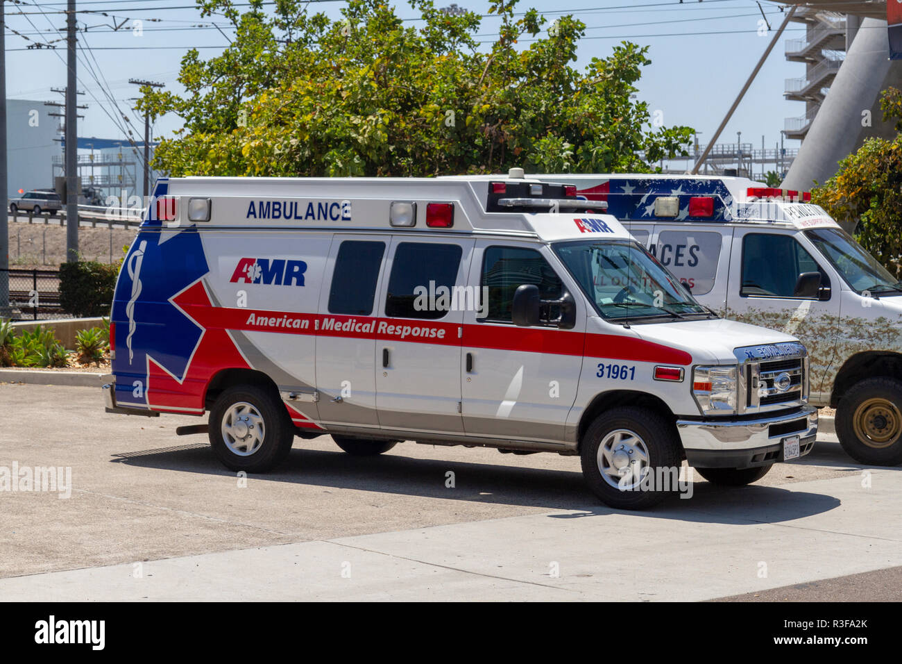 A American Medical Response ambulance in downtown San Diego