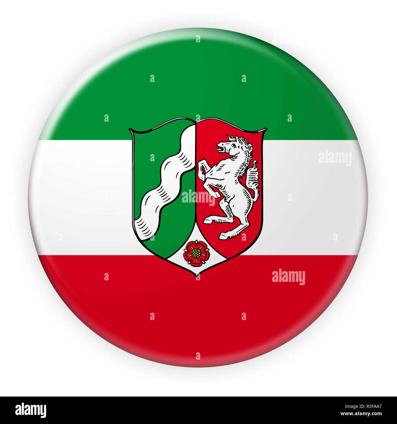 Germany Federal State Button: North Rhine-Westphalia Flag Badge, 3d illustration on white background Stock Photo