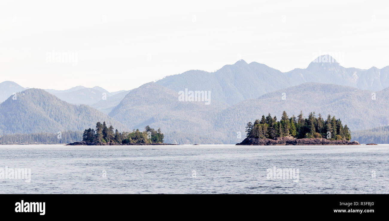 From the sea towards the land, small islands off the coast, Tofino area
