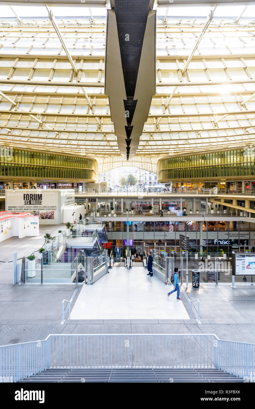 General view of the patio of the Forum des Halles underground shopping mall in the center of Paris, covered by a vast glass and steel canopy. Stock Photo