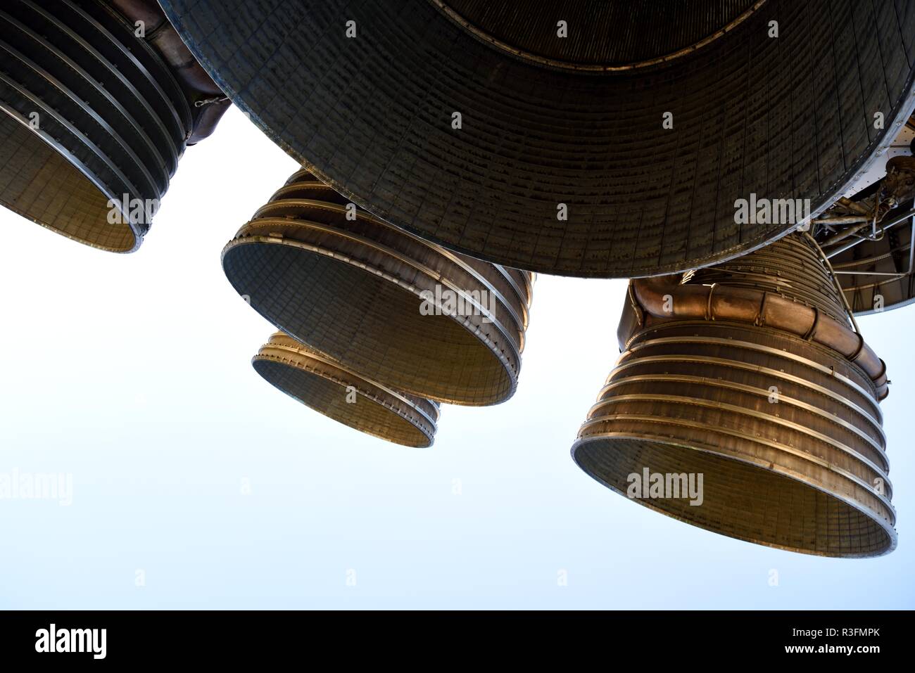 Apollo Saturn V booster rocket with large powerful liquid oxygen fueled rocket engines Stock Photo