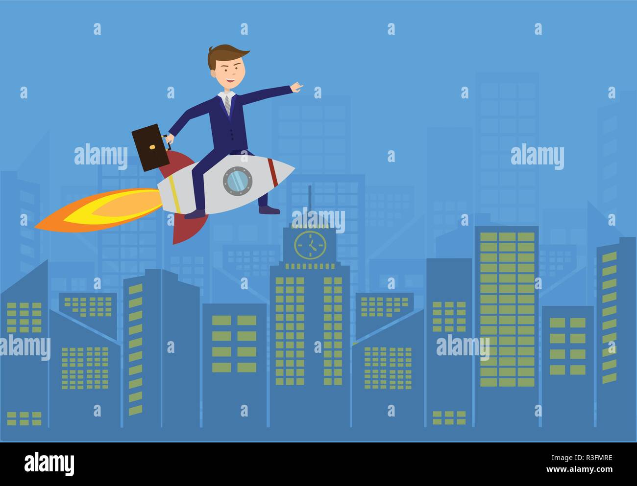 Flat Businessman flies above the city on the rocket Stock Vector Image ...