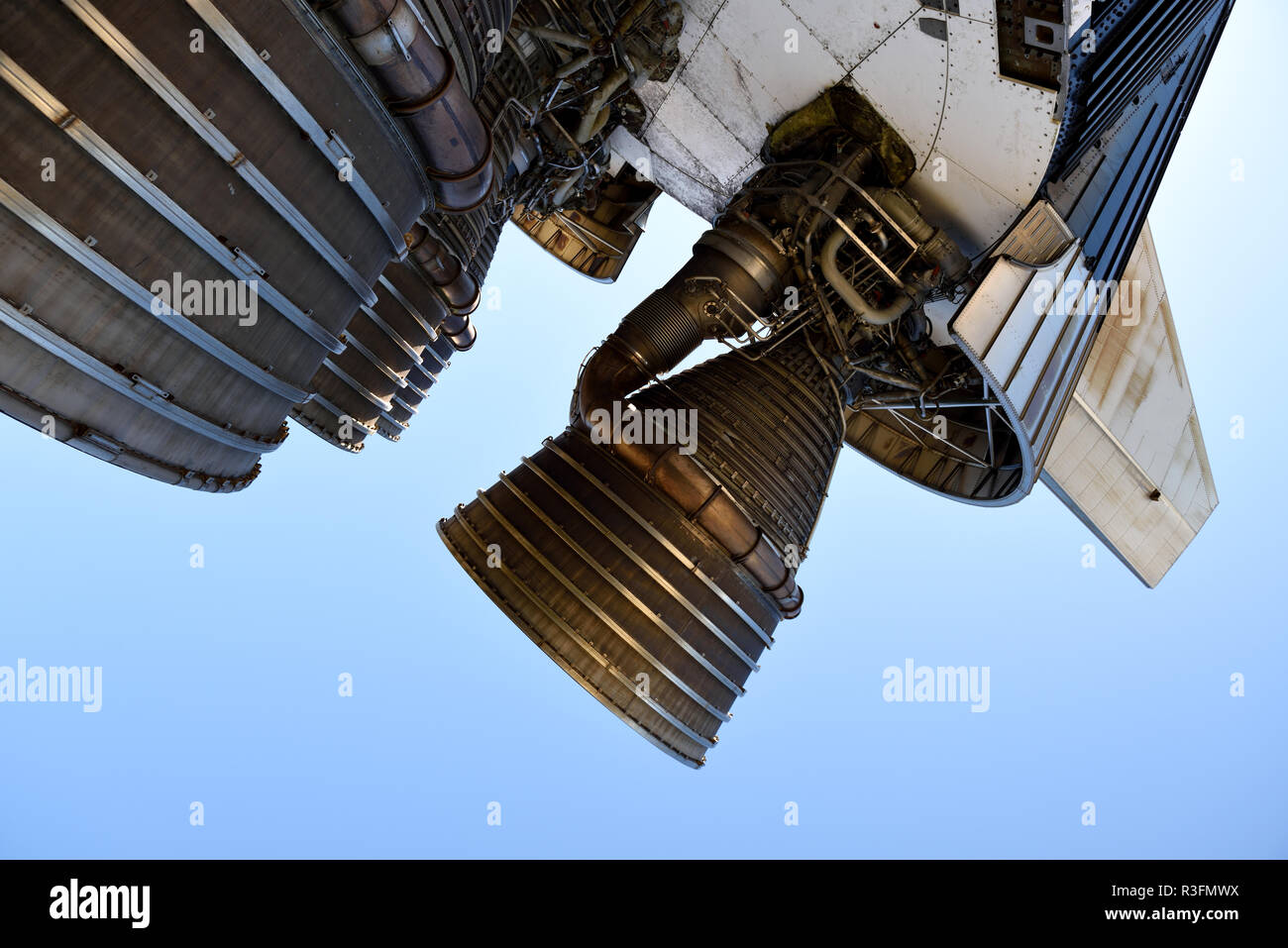 Apollo Saturn V booster rocket with large powerful liquid oxygen fueled rocket engines Stock Photo