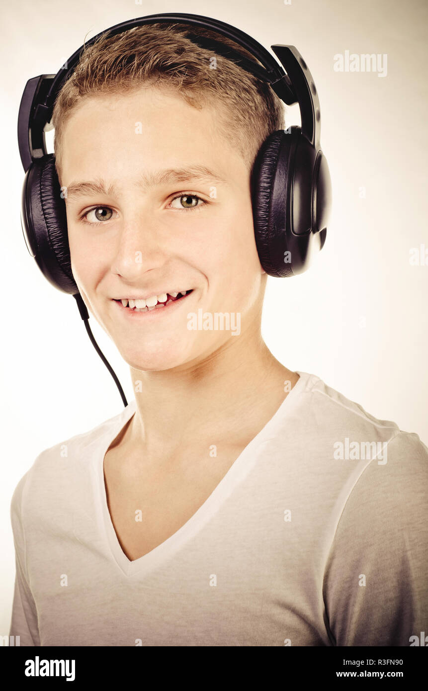 trendy teenage boy with headphones Stock Photo