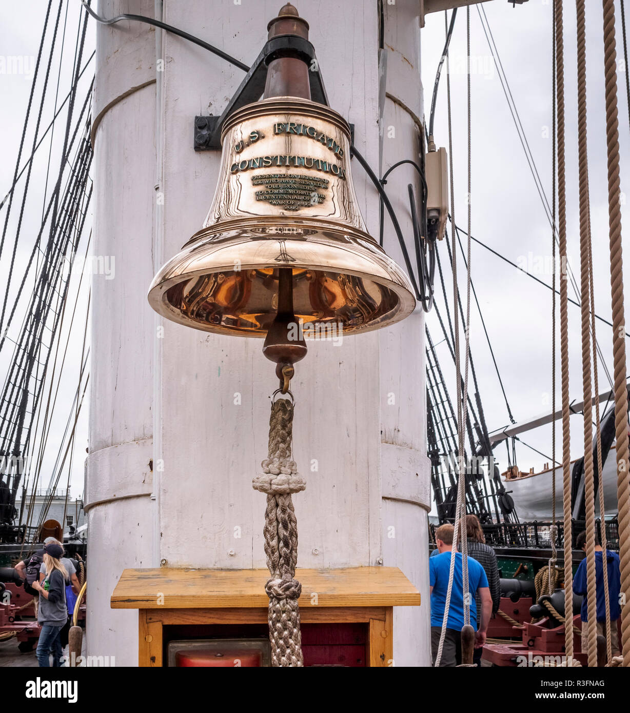 A historic bell from world's oldest naval vessel still afloat - USS Consituttion, i.e. U.S. Frigate Constitution in Boston, USA Stock Photo